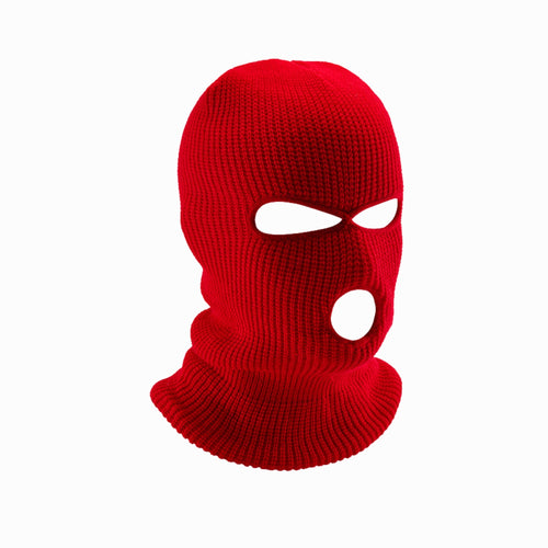 Red balaclava ski mask with three holes on a white background