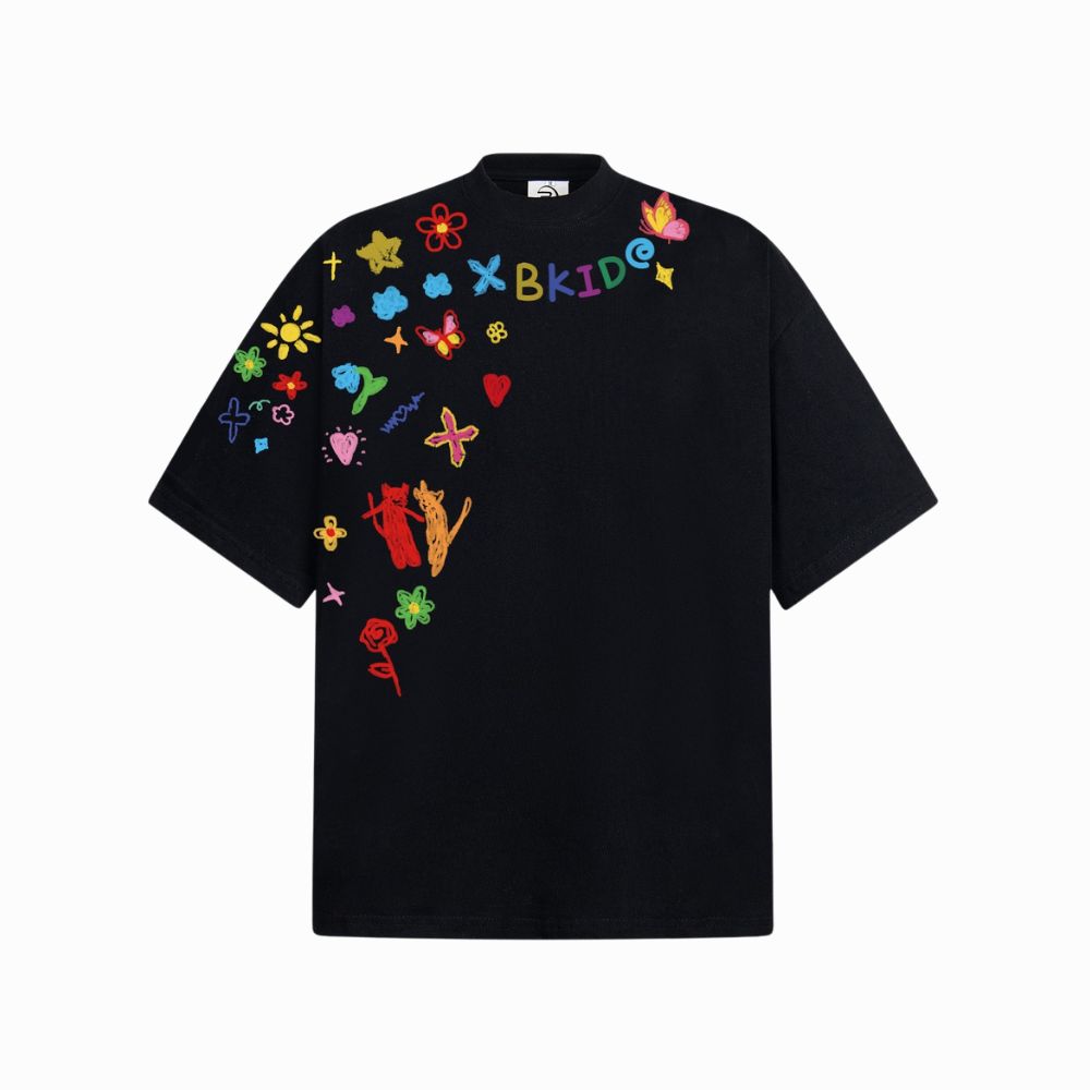Black t-shirt with colorful graphics and text on a white background