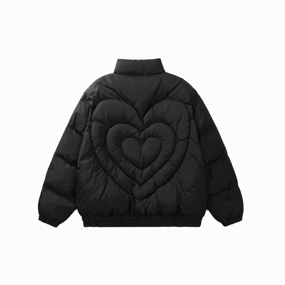 Black puffer jacket with heart design on a white background