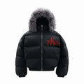 Black puffer jacket with fur hood and red logo on a white background