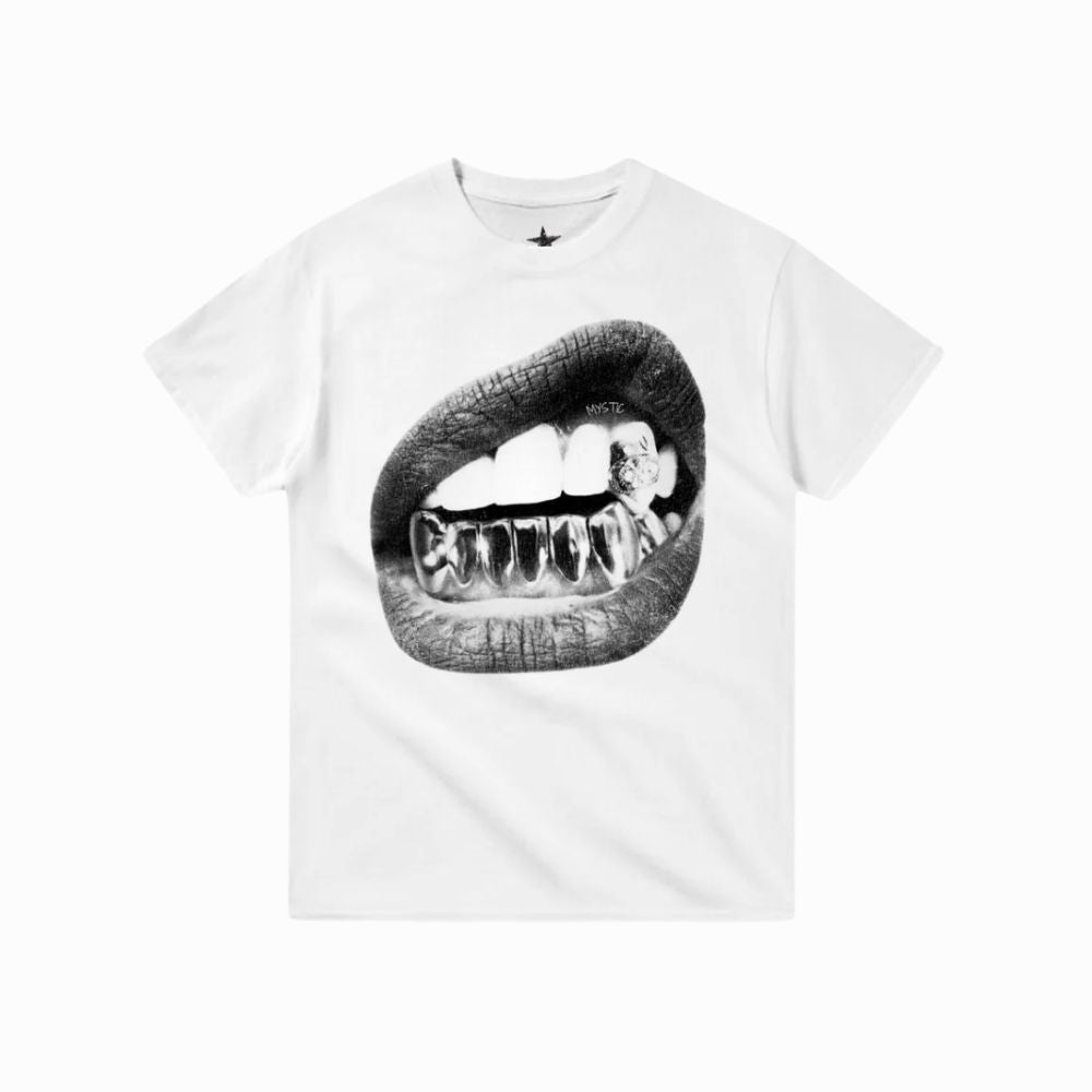 White t-shirt with a graphic of lips and teeth on a white background