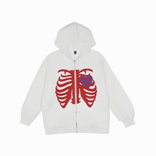 White hoodie with red ribcage design on a white background