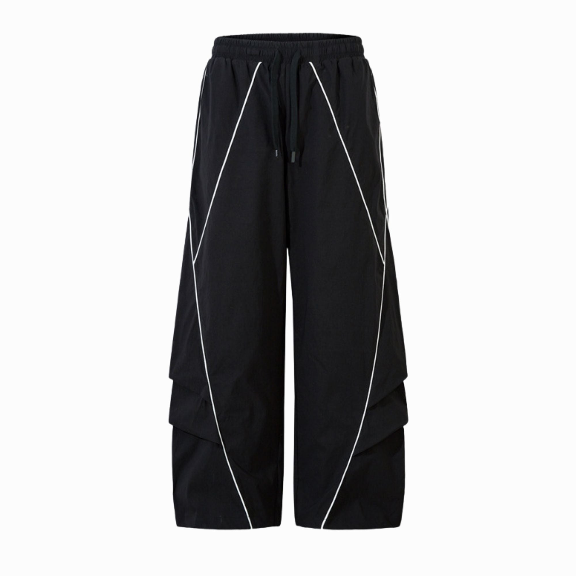 Black wide-leg pants with white piping on a white background