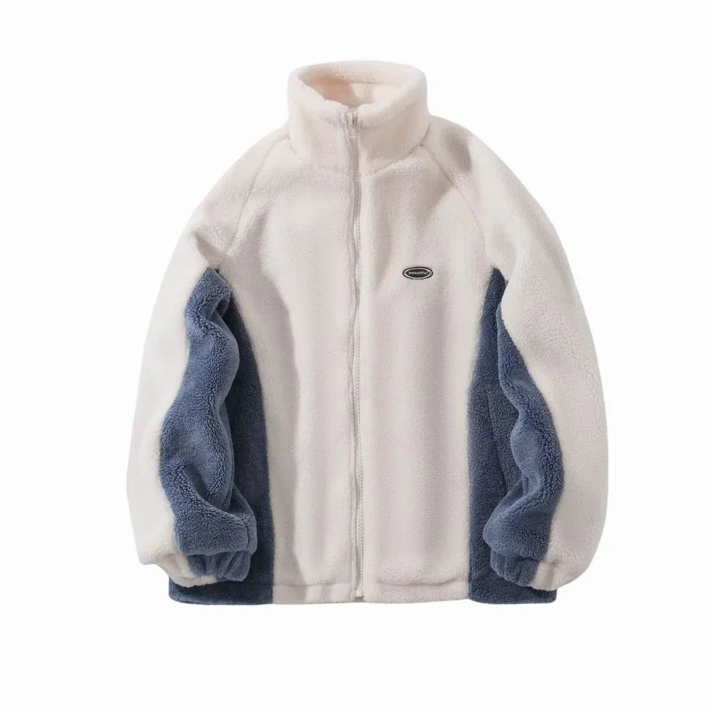 White and blue fleece jacket on a white background