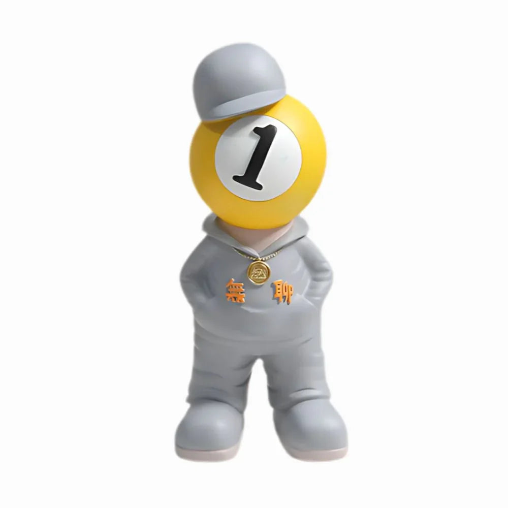 Toy figure with a yellow ball head featuring the number 1, wearing a gray outfit on a white background