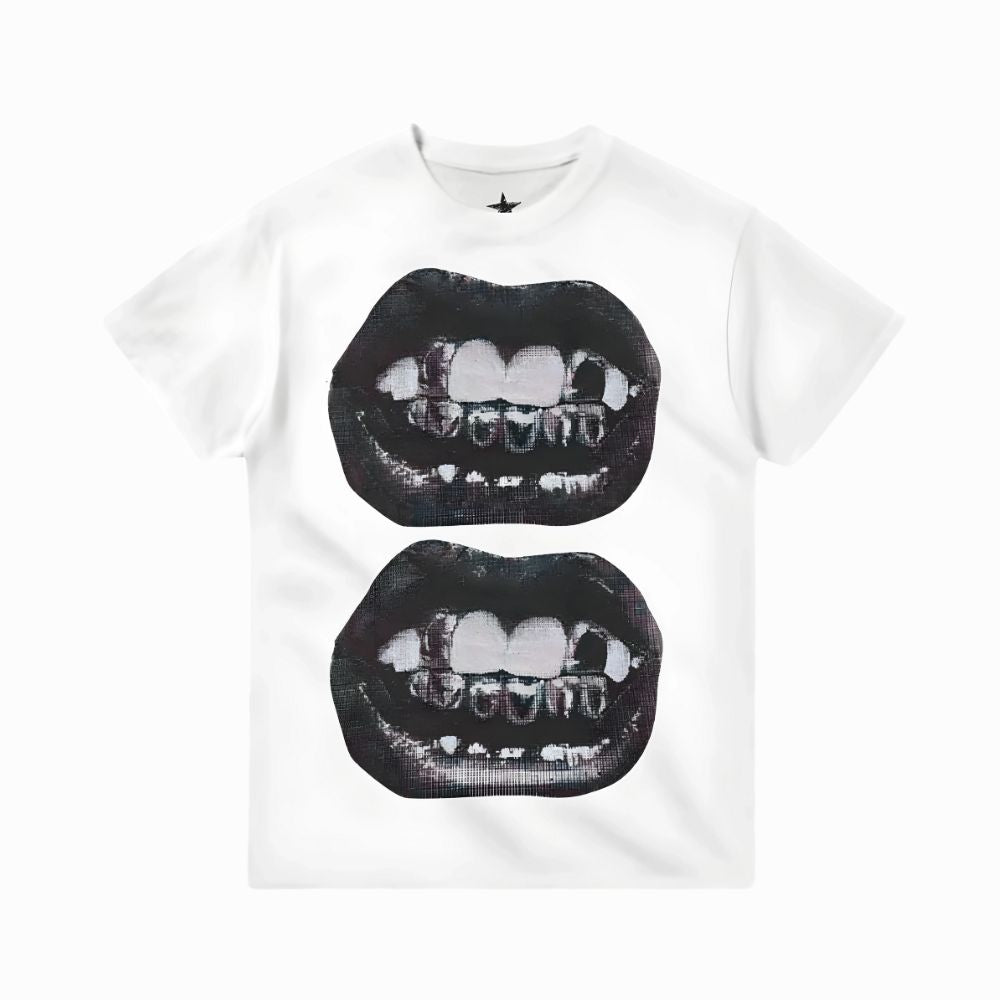 White t-shirt with black graphic of lips and teeth on a white background