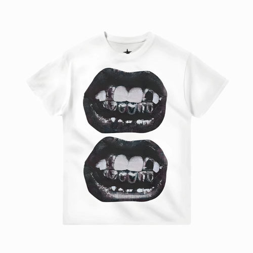 White t-shirt with black graphic of lips and teeth on a white background