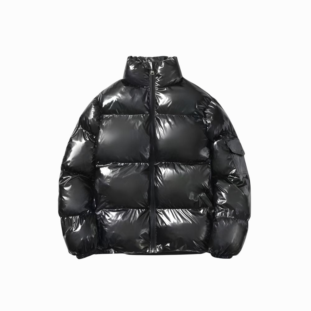 Black puffer jacket on a white background