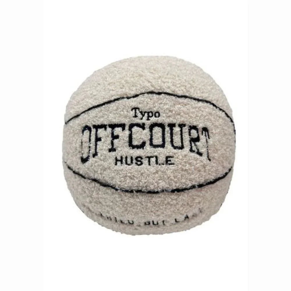 Vintage-style basketball pilllow with 'Offcourt Hustle' text on a white background