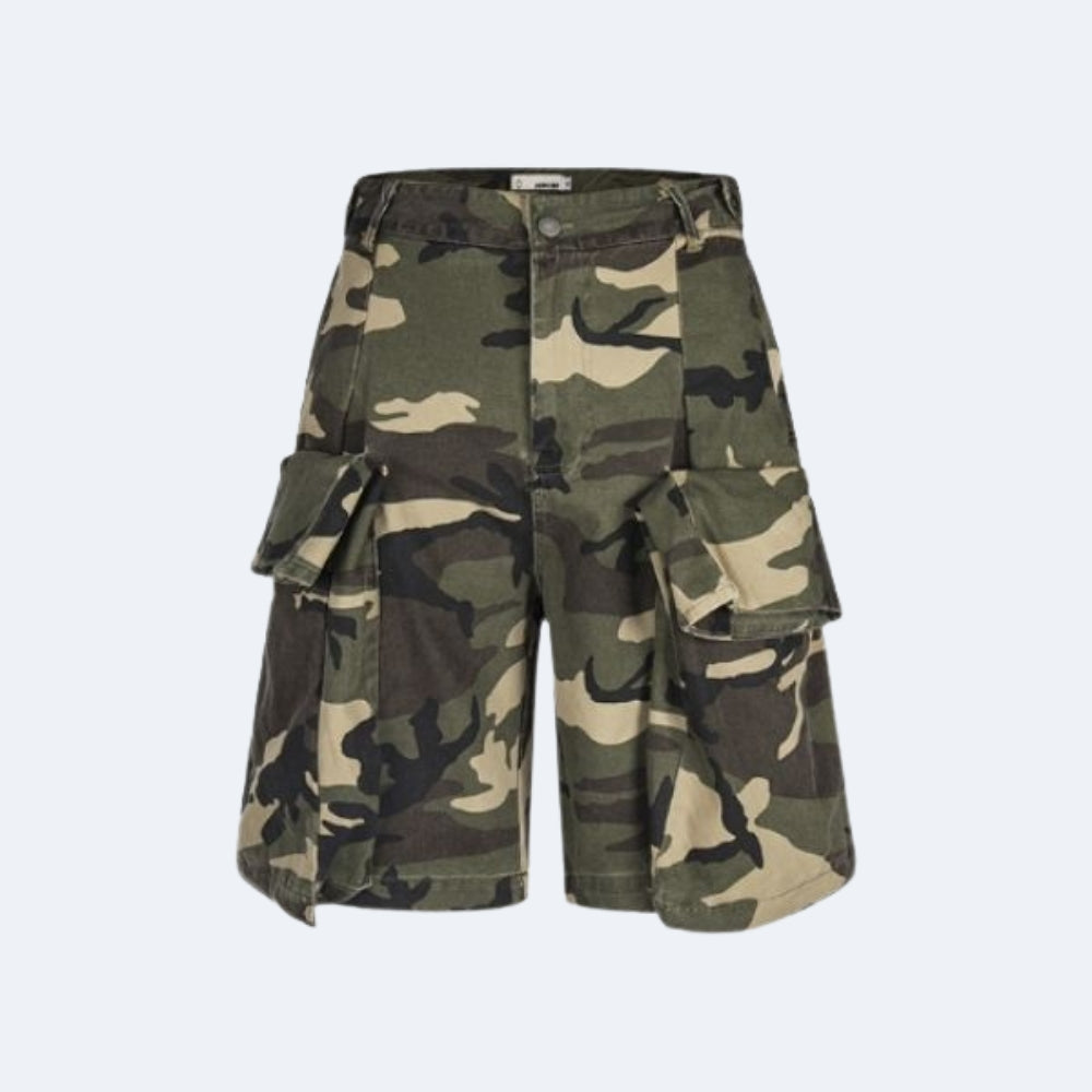 A pair of camouflage cargo shorts with a green, brown, and beige camo pattern, featuring multiple utility pockets, shown against a light gray background.