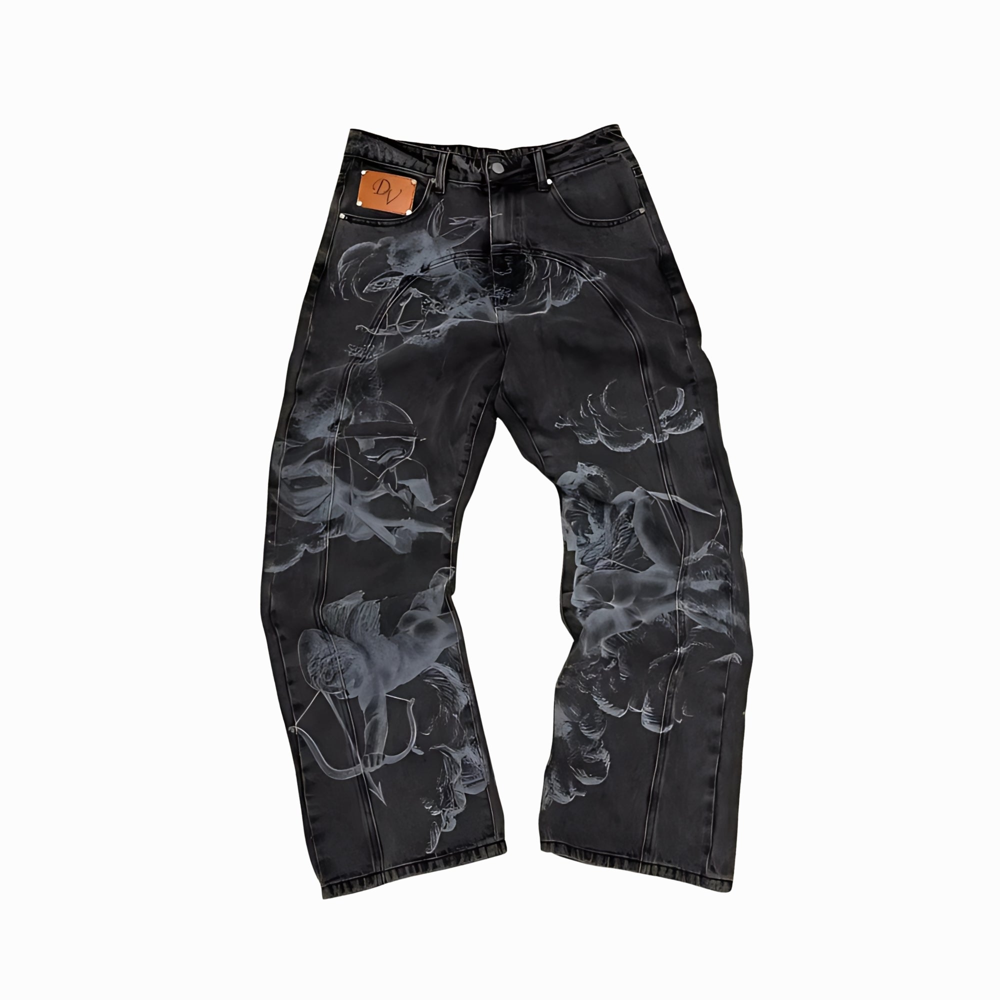 Black jeans with white floral patterns on a white background