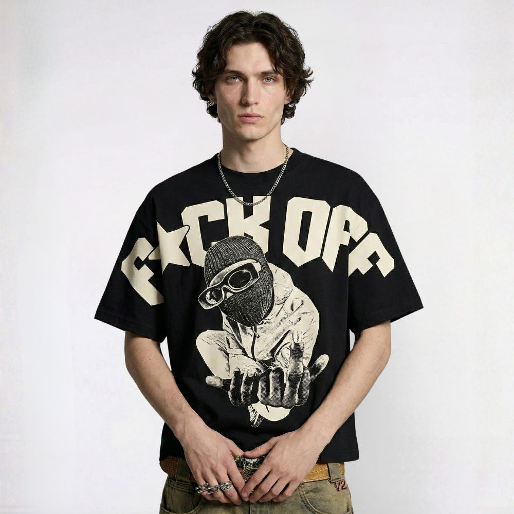 Person wearing a black t-shirt with graphic design and text