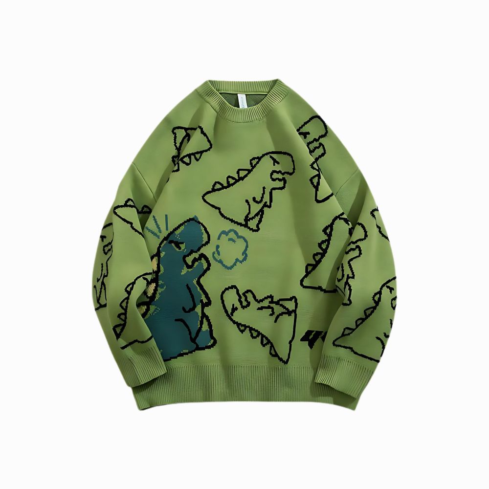 Green sweater with dinosaur patterns on a white background