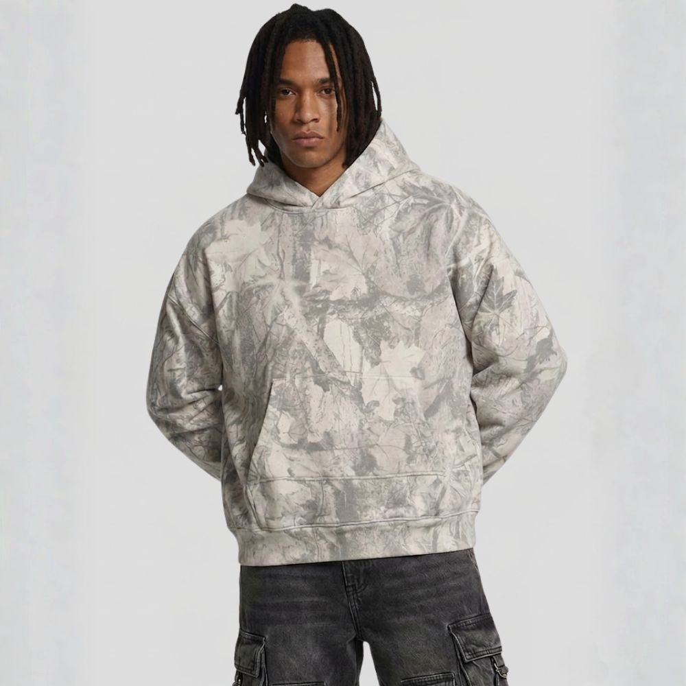 Person wearing a camouflage hoodie on a plain background