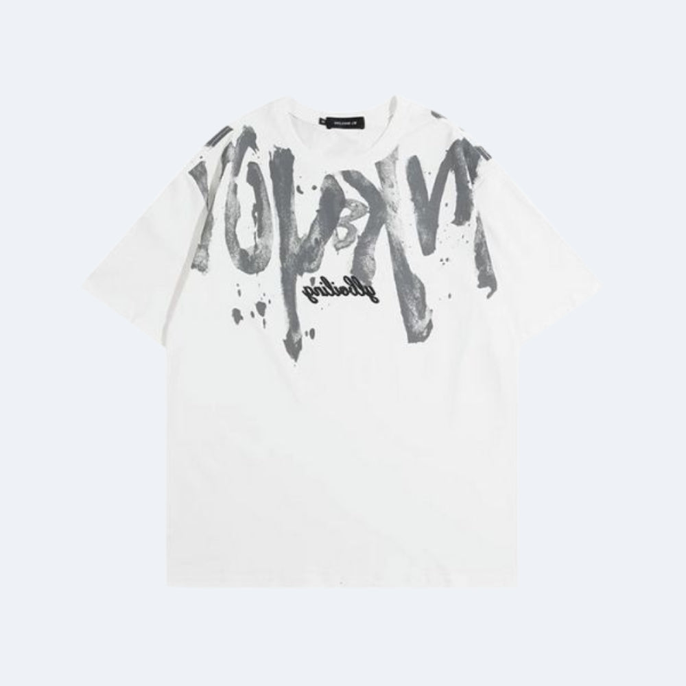 White. A white short-sleeve t-shirt with a large, stylized black paint-splatter graphic across the chest.
