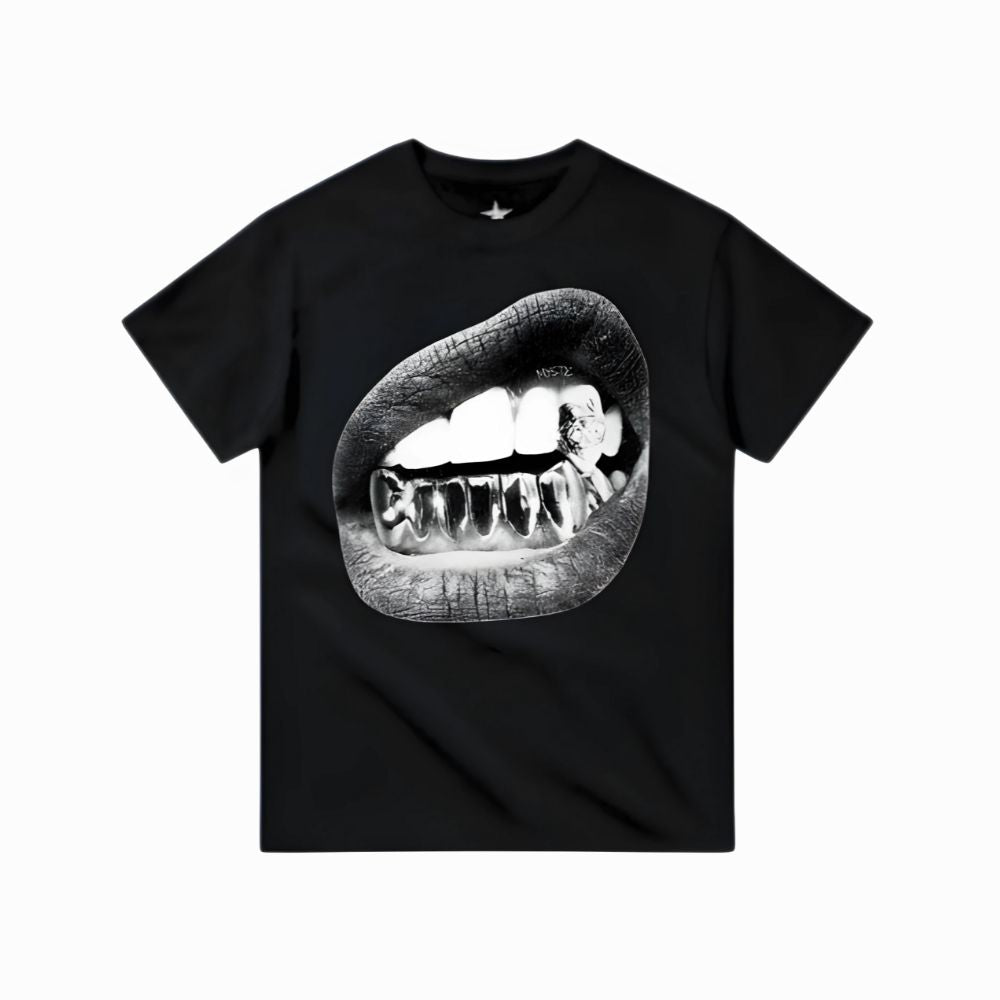 Black t-shirt with a graphic of lips and teeth on a white background