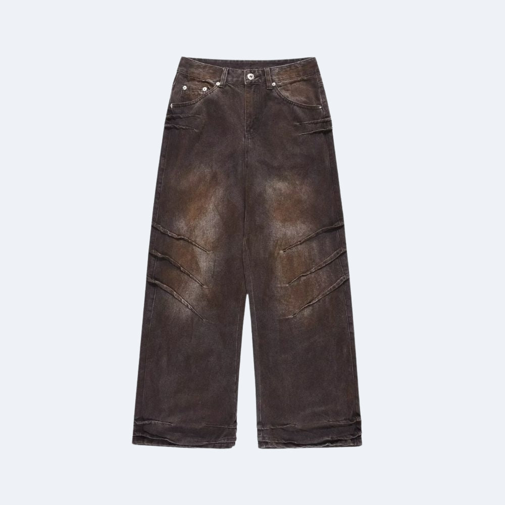 A pair of dark brown, wide-leg cropped jeans with a heavily distressed and faded wash, featuring diagonal stitched details on the legs, photographed against a plain white background.