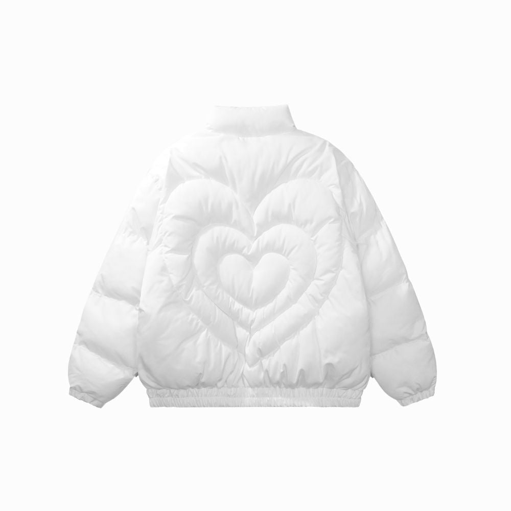 White puffer jacket with heart design on a white background