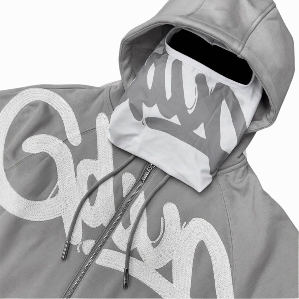 Gray hoodie with white text and a face mask on a white background
