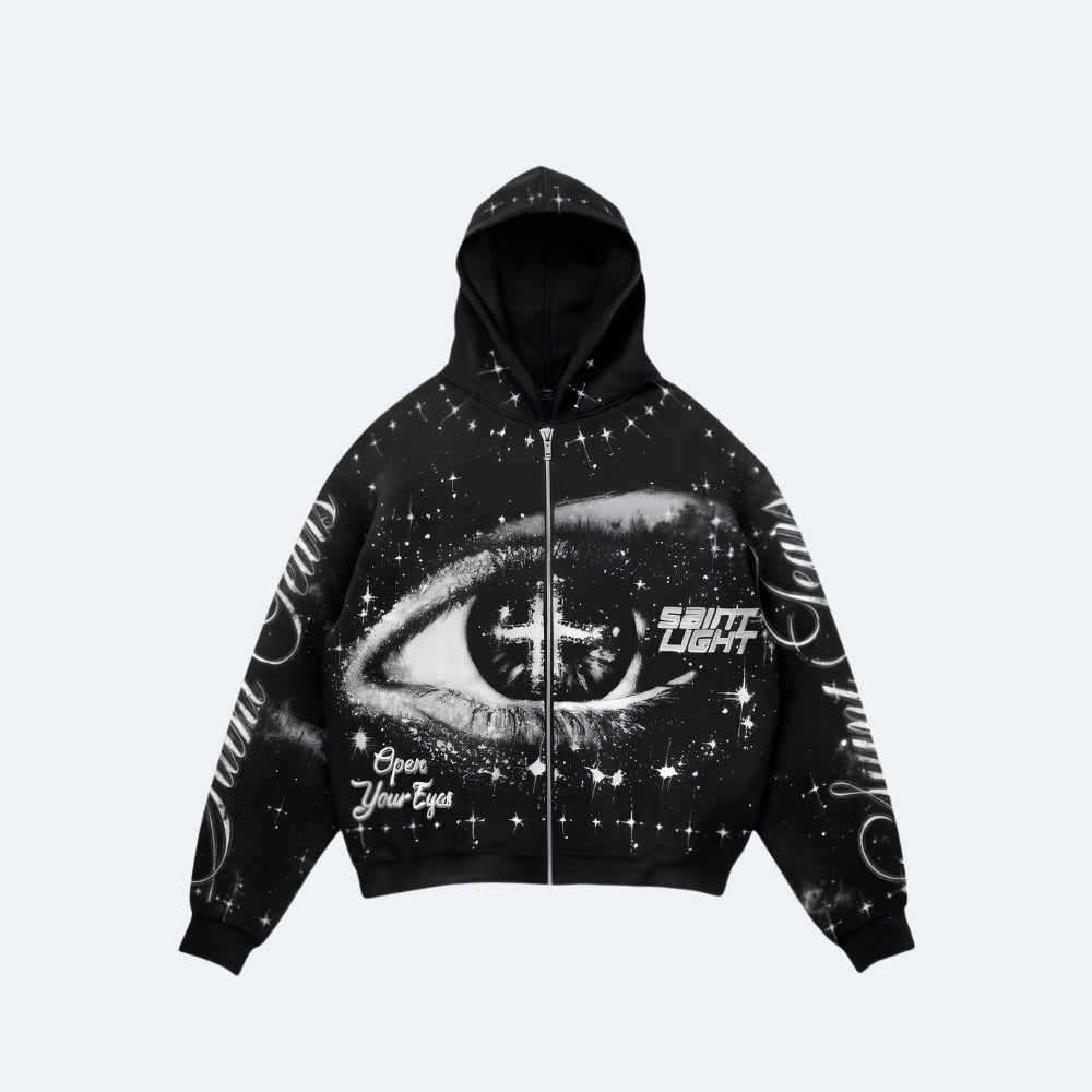 Black. A black hoodie with an eye design and text, shown against a white background.