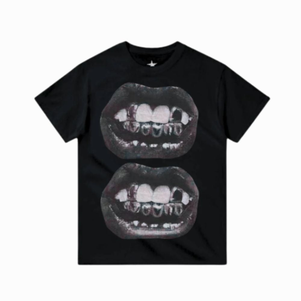 Black t-shirt with graphic of lips and teeth on a white background