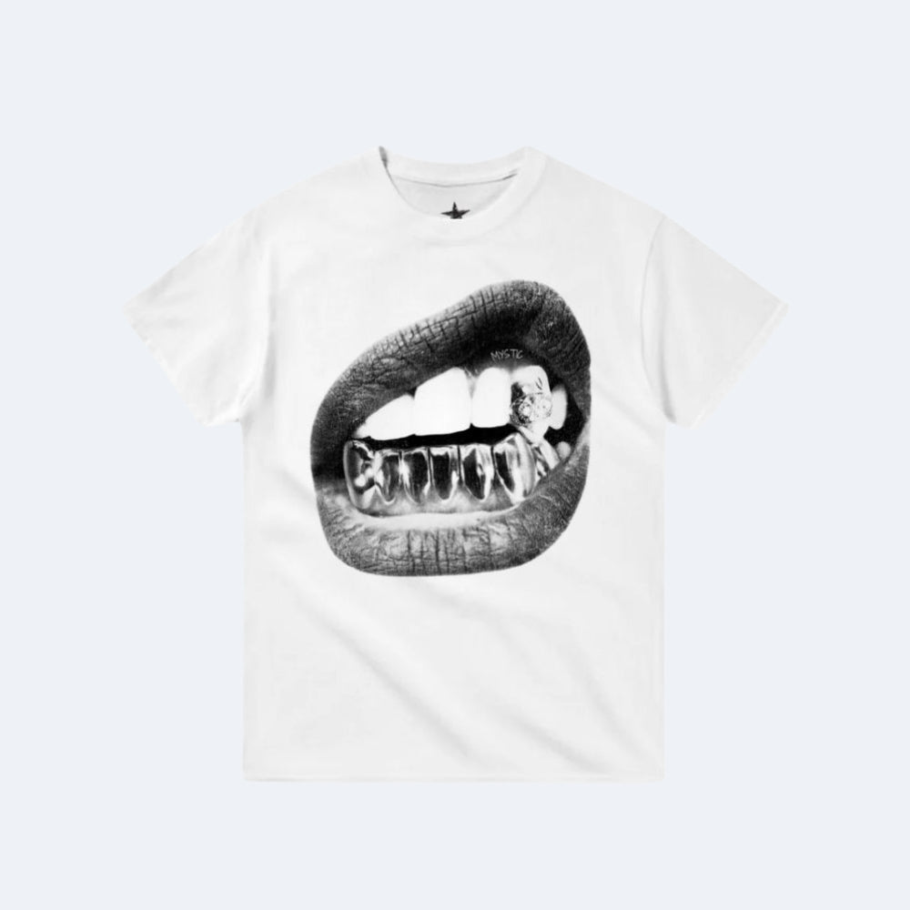 White. A white short-sleeve crewneck t-shirt featuring a large black and white graphic print of a mouth with gold-grill teeth on the front.