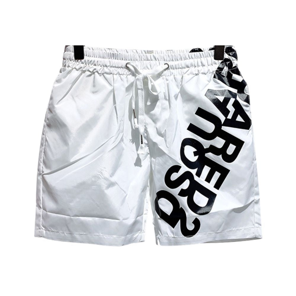White shorts with black text on a white background