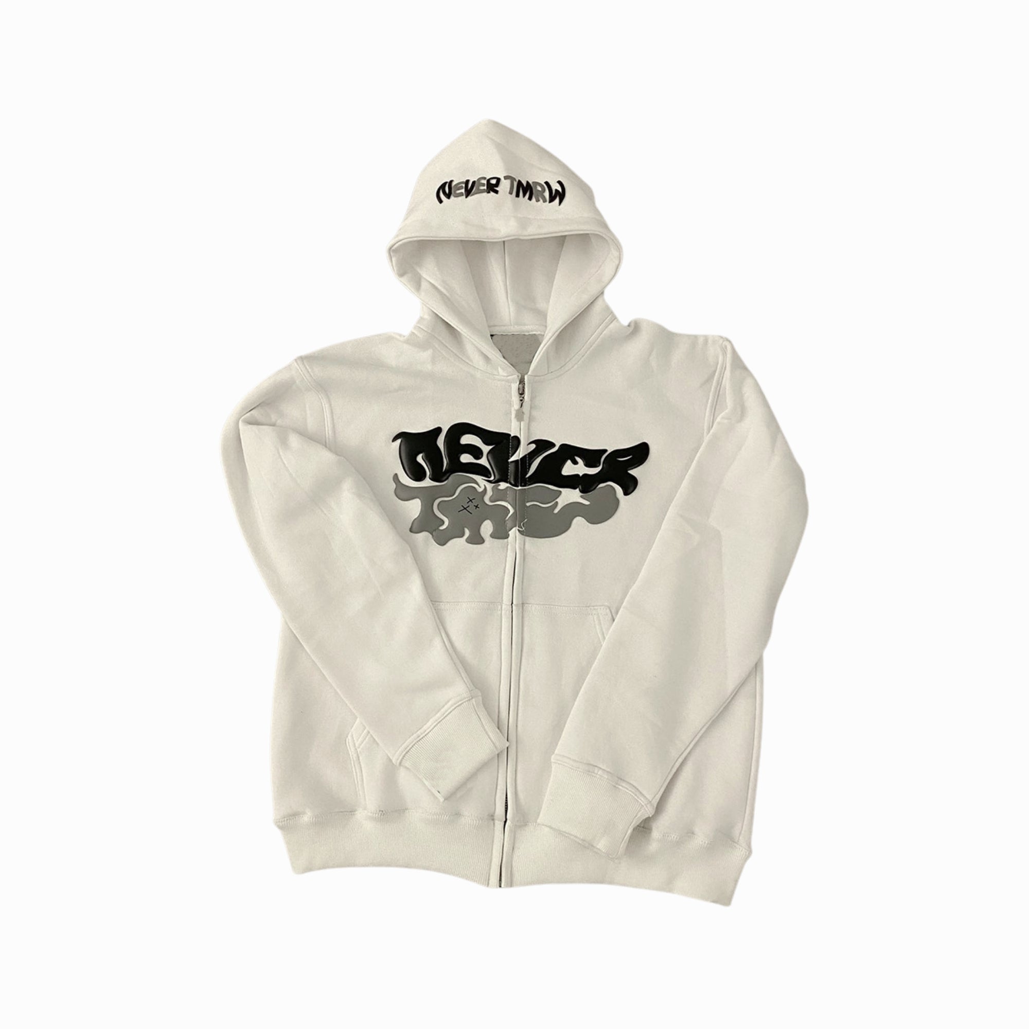 White hoodie with black text design on a white background