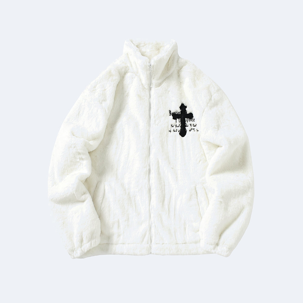 White. A white plush zip-up jacket with a black cross graphic on the left chest.