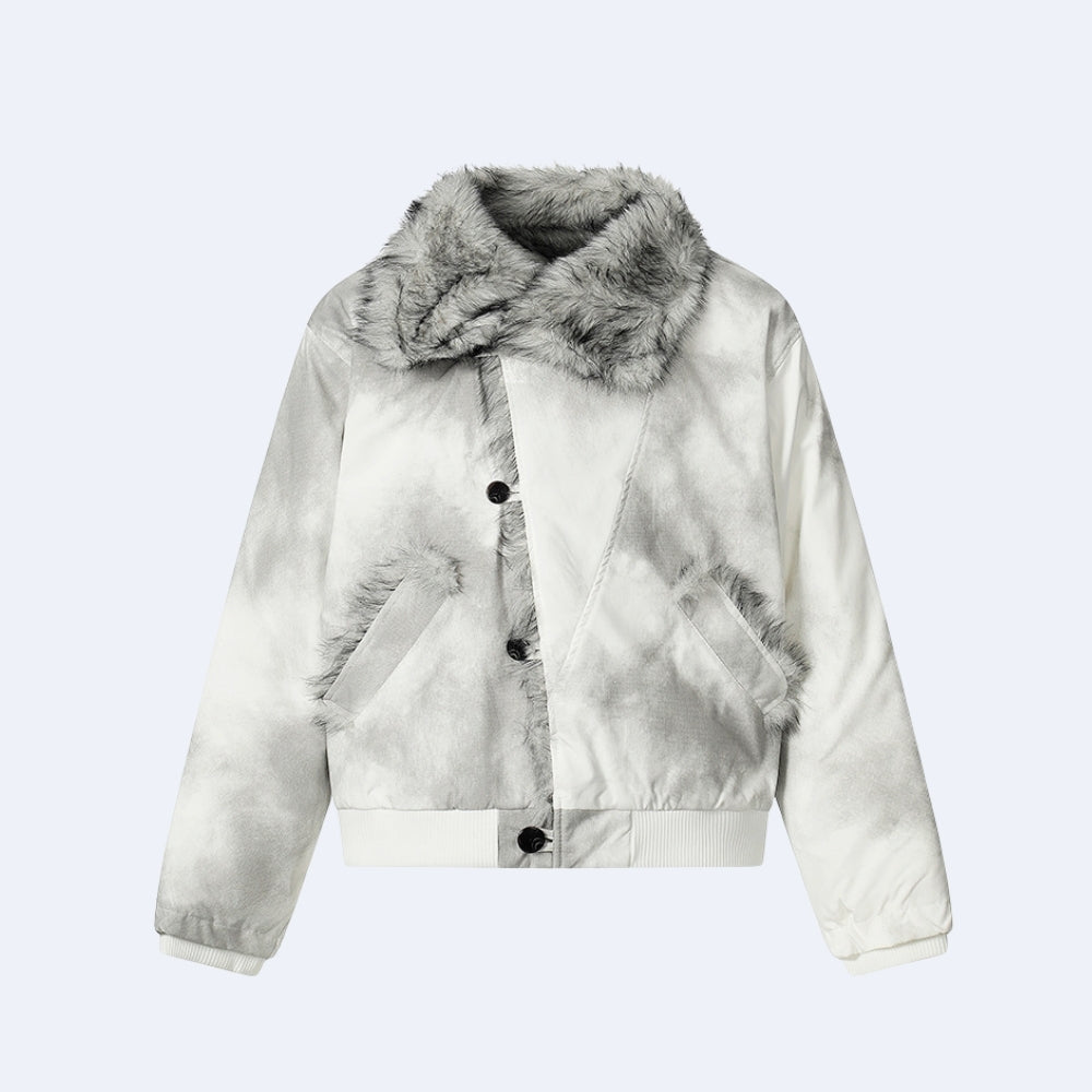 White. KRUX Blizzard white fur bomber jacket, flat lay front view with fur collar and fur-trimmed pockets