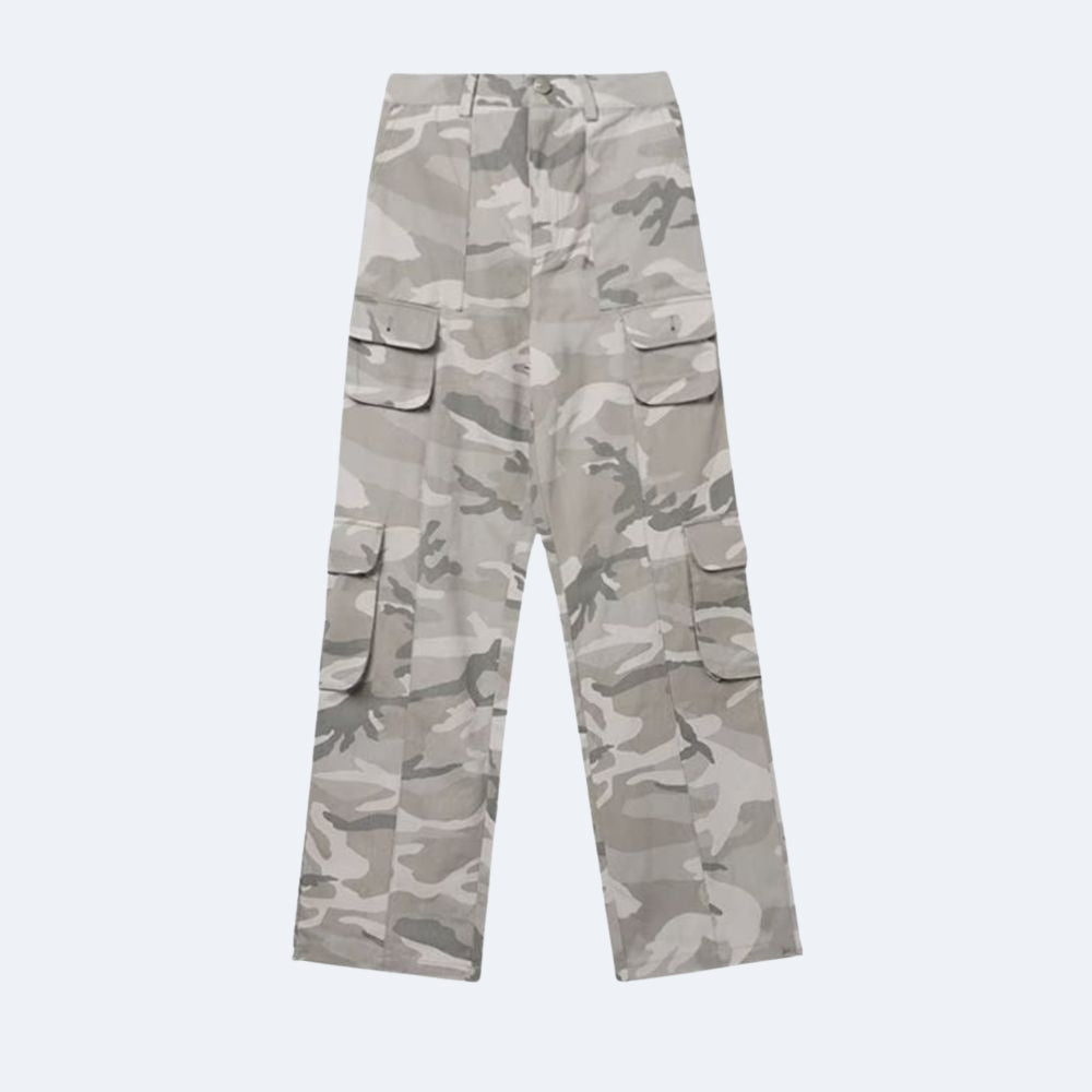 A pair of cargo pants in a light gray and beige camouflage pattern, displayed flat against a light gray background.