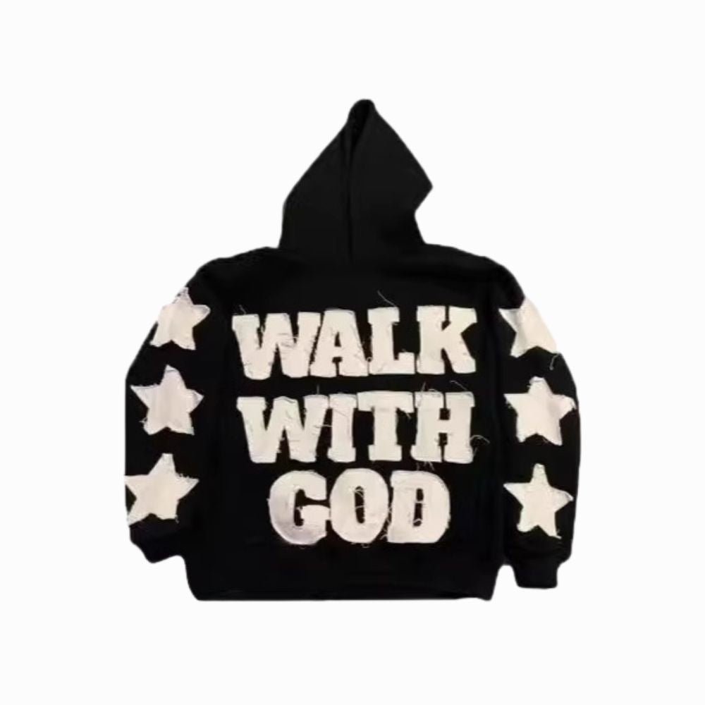 Black hoodie with 'Walk With God' text and star designs on a white background
