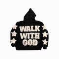 Black hoodie with 'Walk With God' text and star designs on a white background