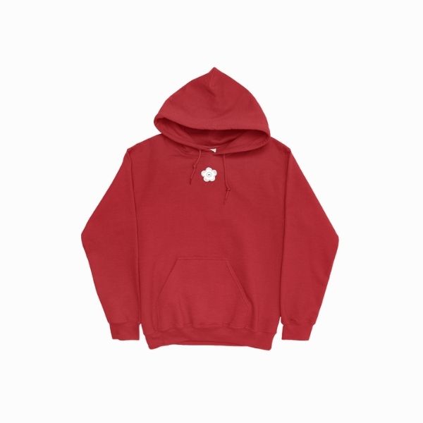 Red hoodie with a white logo on a white background