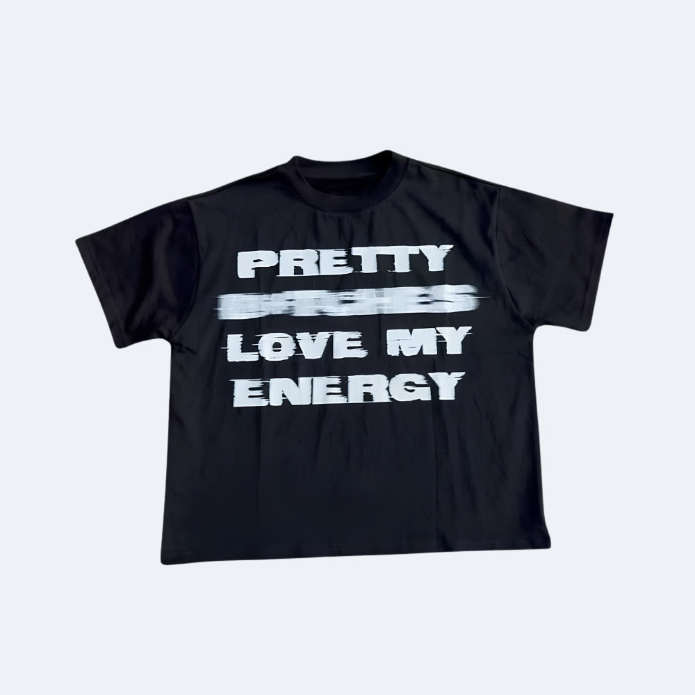 Black. A black t-shirt with white text, shown against a white background.