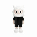 Toy figure with a white hood and black outfit on a white background