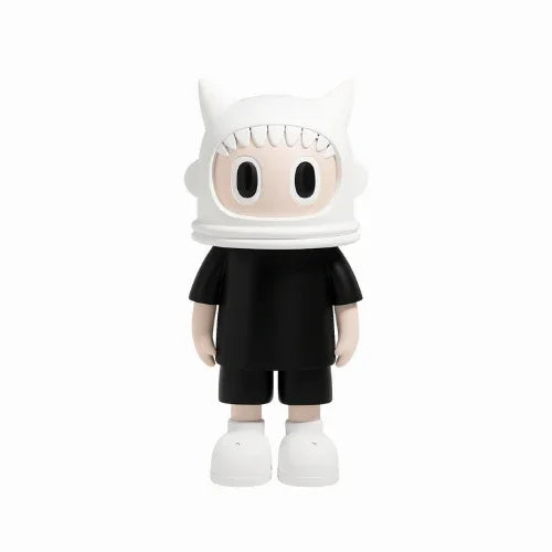 Toy figure with a white hood and black outfit on a white background