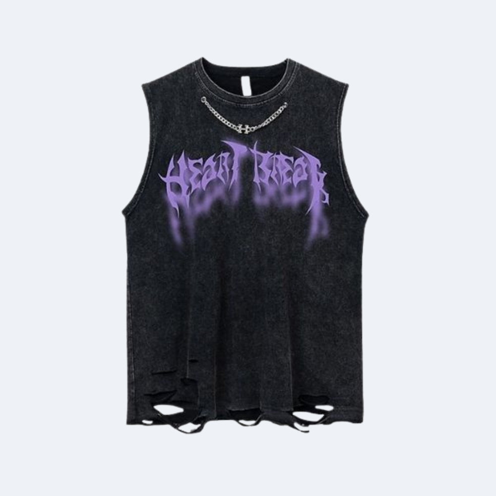 A black acid-wash sleeveless tank top with a purple 'Heart Attack' graphic on the chest and distressed rips at the hem, shown against a light gray background.
