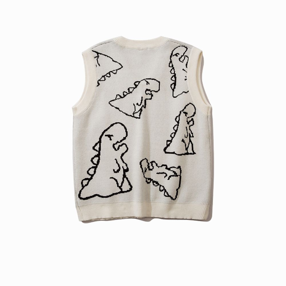 White sleeveless sweater vest with black dinosaur outlines on a white background