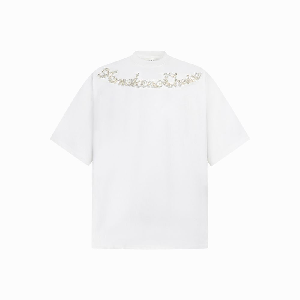 White t-shirt with gold text on a white background