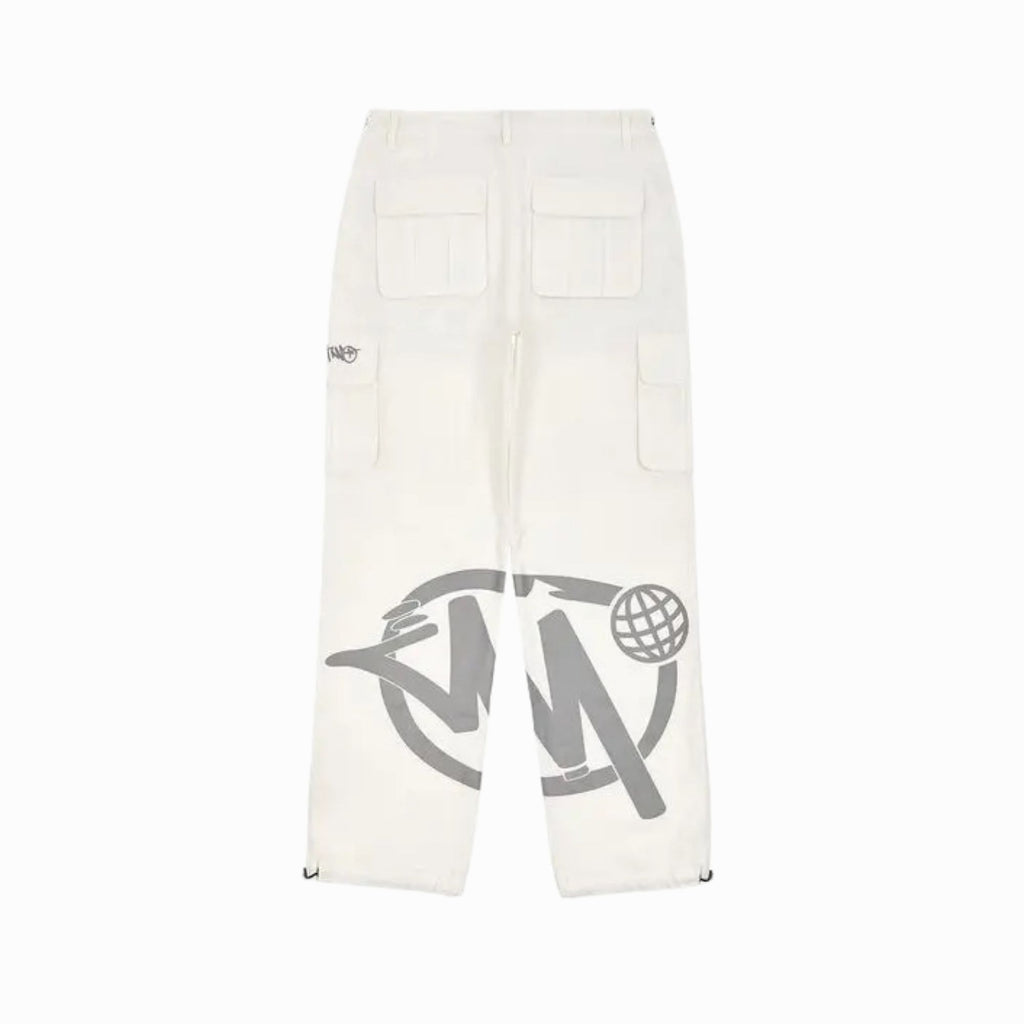 White pants with a logo on a white background