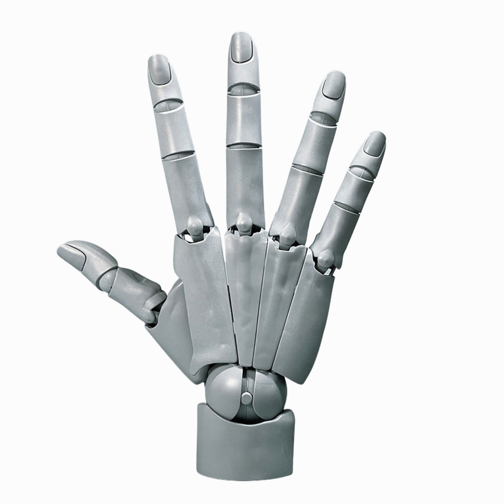 Gray mechanical hand with articulated fingers on a white background
