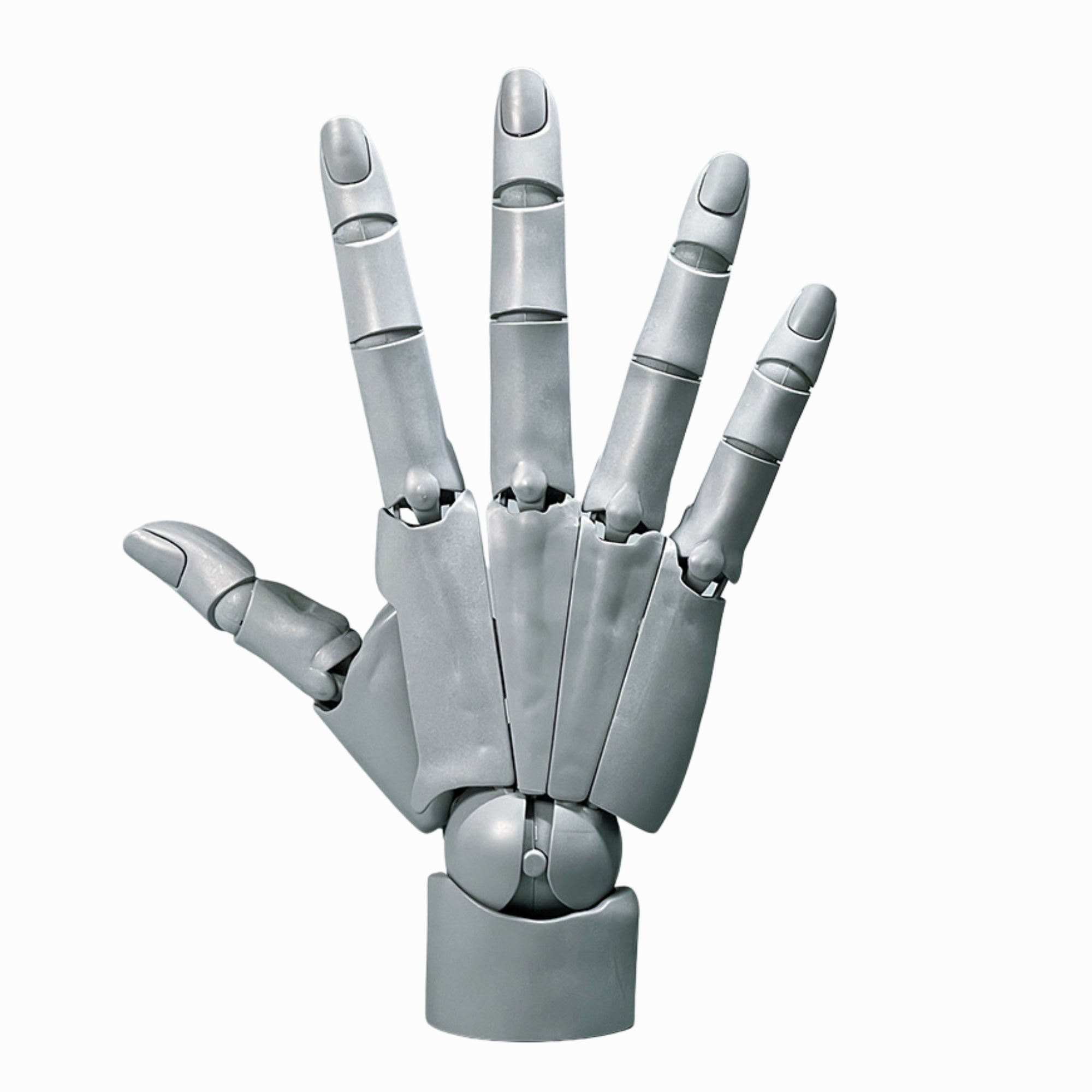 Gray mechanical hand with articulated fingers on a white background