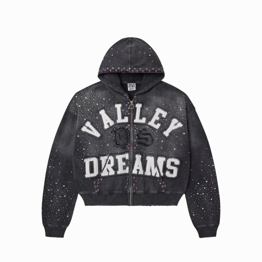 Black hoodie with 'Valley Dreams' text on a white background