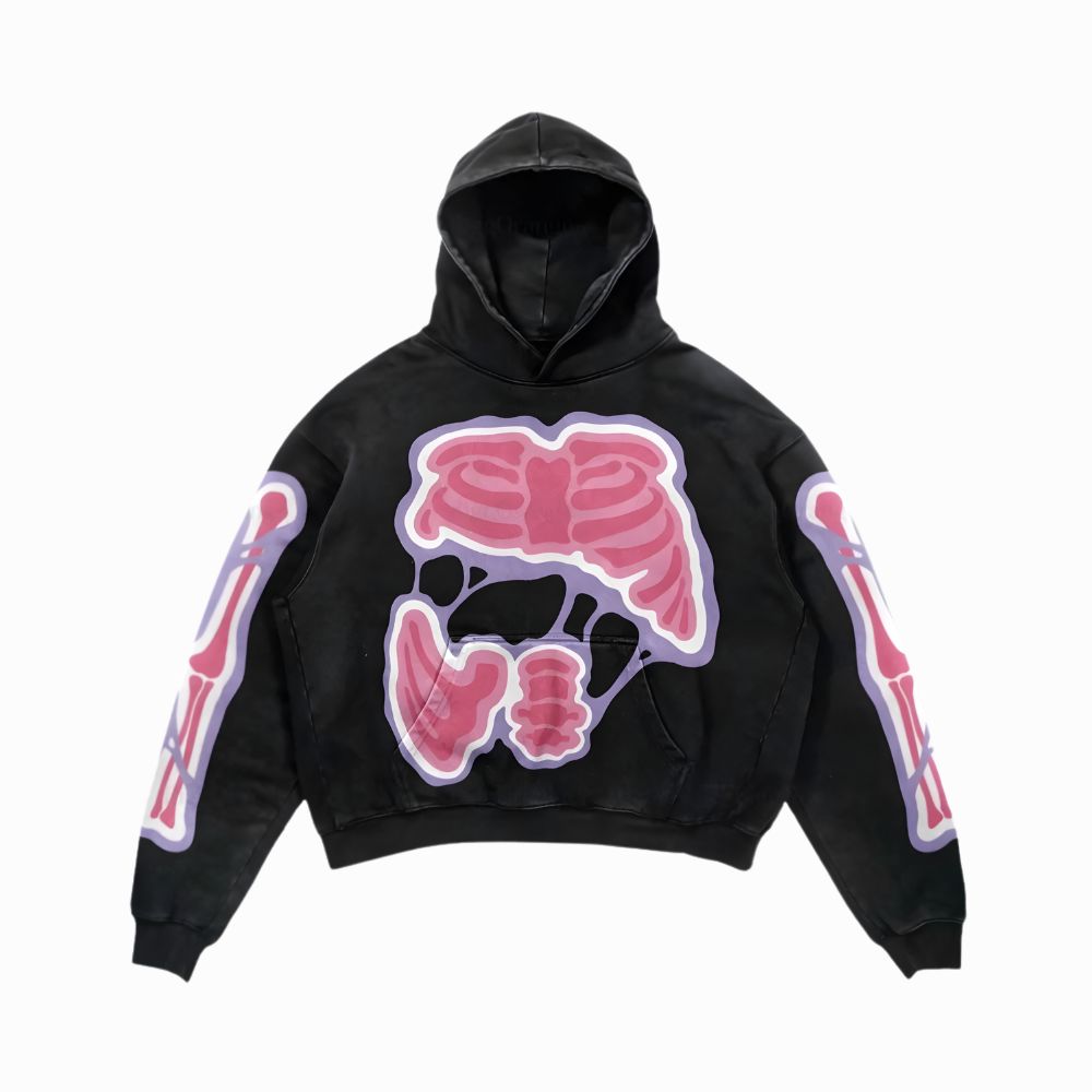 Black hoodie with pink and red skeleton design on a white background