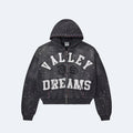 Black. A cropped zip-up hoodie in washed black with white VALLEY DREAMS text and a black graphic, decorated with small multicolor rhinestone accents along the hood and cuffs.