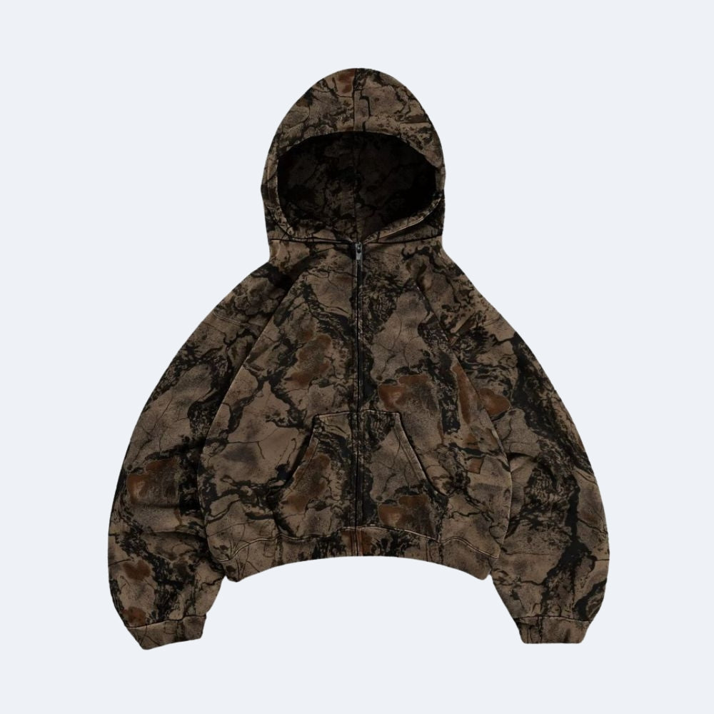 Brown. A hooded zip-up jacket with an all-over brown and black camouflage pattern, displayed flat.