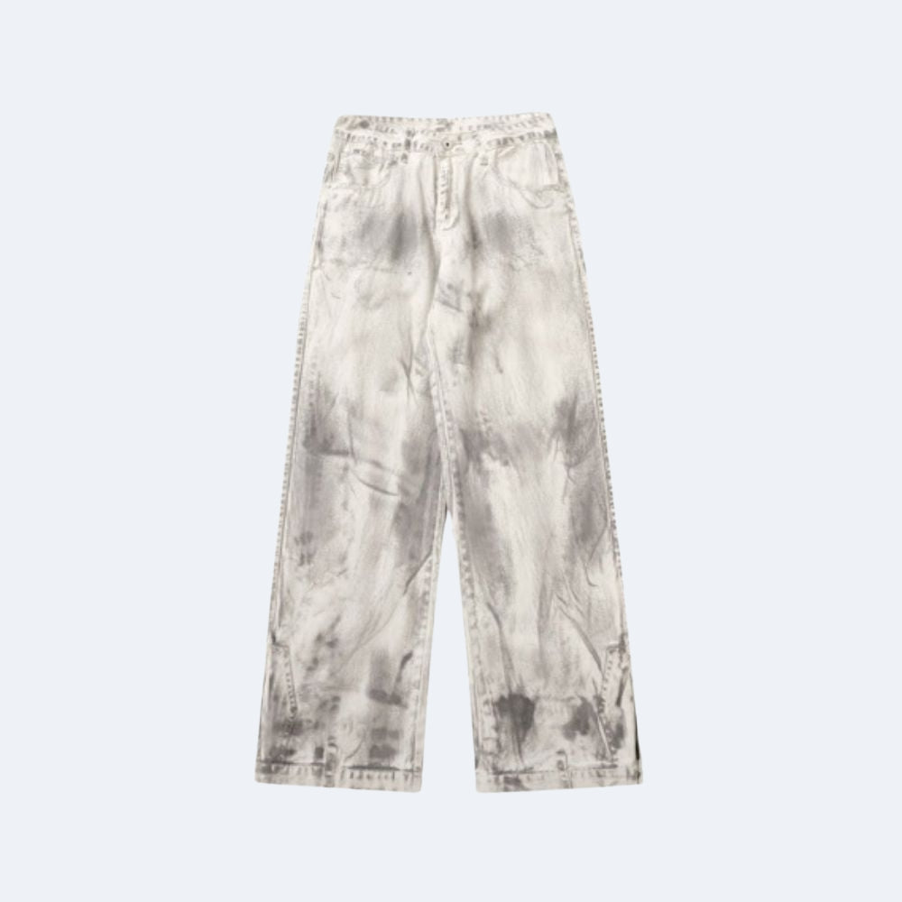 A pair of wide-leg jeans featuring a distressed, acid-washed, or tie-dye style pattern in off-white and gray, shown flat against a light gray background.