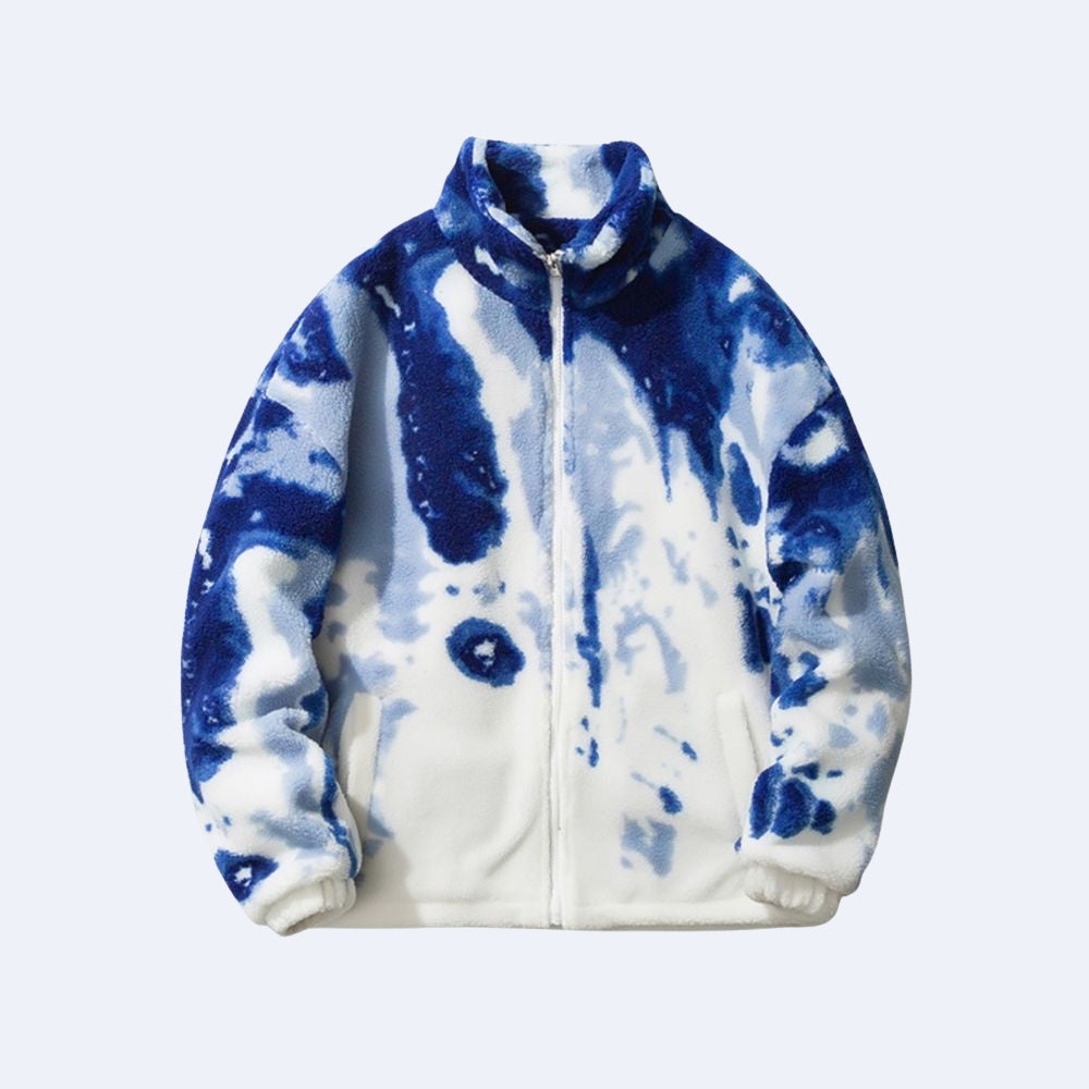 Blue. A fleece zip-up jacket with a blue and white tie-dye pattern, featuring a stand-up collar and front zipper.
