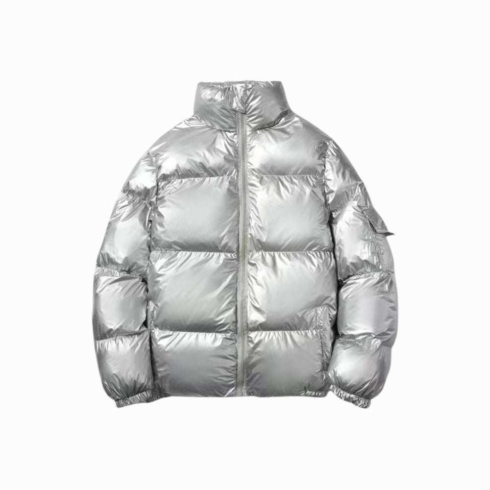Silver puffer jacket on a white background